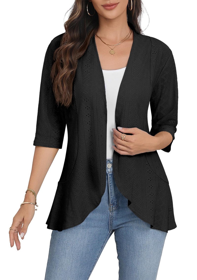 Askyes Lightweight Summer Cardigan for Women Spring Netted Knit Ruffle Half Sleeve Flowy Kimono Cover Ups Cardigans,Black,L - Image 1