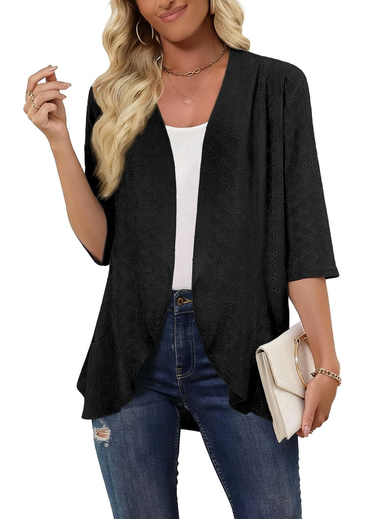 Askyes Lightweight Summer Cardigan for Women Spring Netted Knit Ruffle Half Sleeve Flowy Kimono Cover Ups Cardigans,Black,L - Image 2