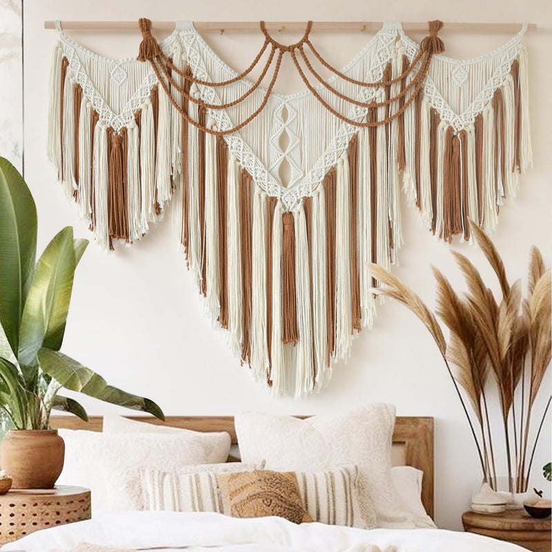 IOWER Boho Woven Wall Hanging Handwoven Brown and White Geometric Tapestry Handmade Macrame Decor for Modern Bedroom Living Room Apartment Office Home 47" W x 35" L - Image 1
