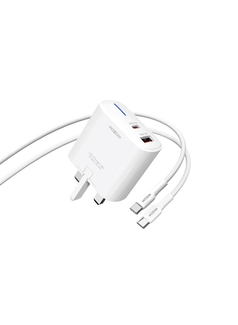 موكسوم شاحن سريع للسفر قابل للسحب MX-HC190 يدعم بروتوكولات متعددة، منفذ مزدوج A+C عالي الطاقة مع ضوء شحن LED 18 وات QC و25 وات PD كابل من النوع C إلى النوع C - Image 1