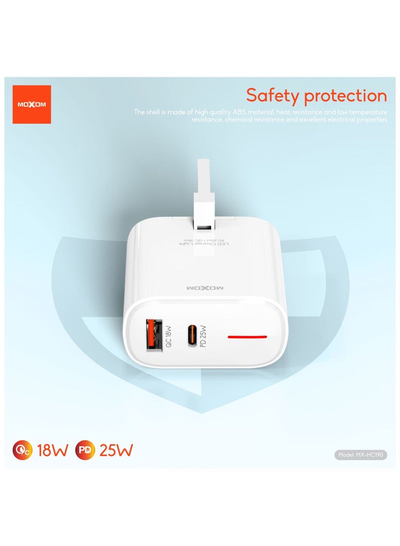 موكسوم شاحن سريع للسفر قابل للسحب MX-HC190 يدعم بروتوكولات متعددة، منفذ مزدوج A+C عالي الطاقة مع ضوء شحن LED 18 وات QC و25 وات PD كابل من النوع C إلى النوع C - Image 2