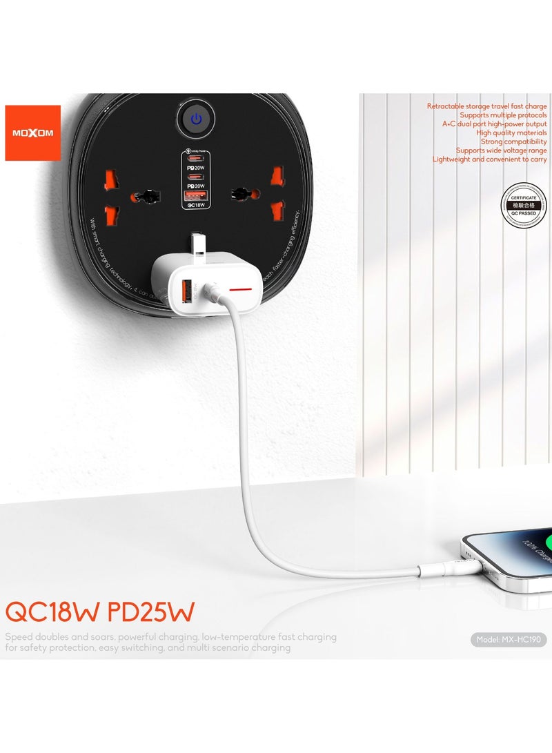 موكسوم شاحن سريع للسفر قابل للسحب MX-HC190 يدعم بروتوكولات متعددة، منفذ مزدوج A+C عالي الطاقة مع ضوء شحن LED 18 وات QC و25 وات PD كابل من النوع C إلى النوع C - Image 3