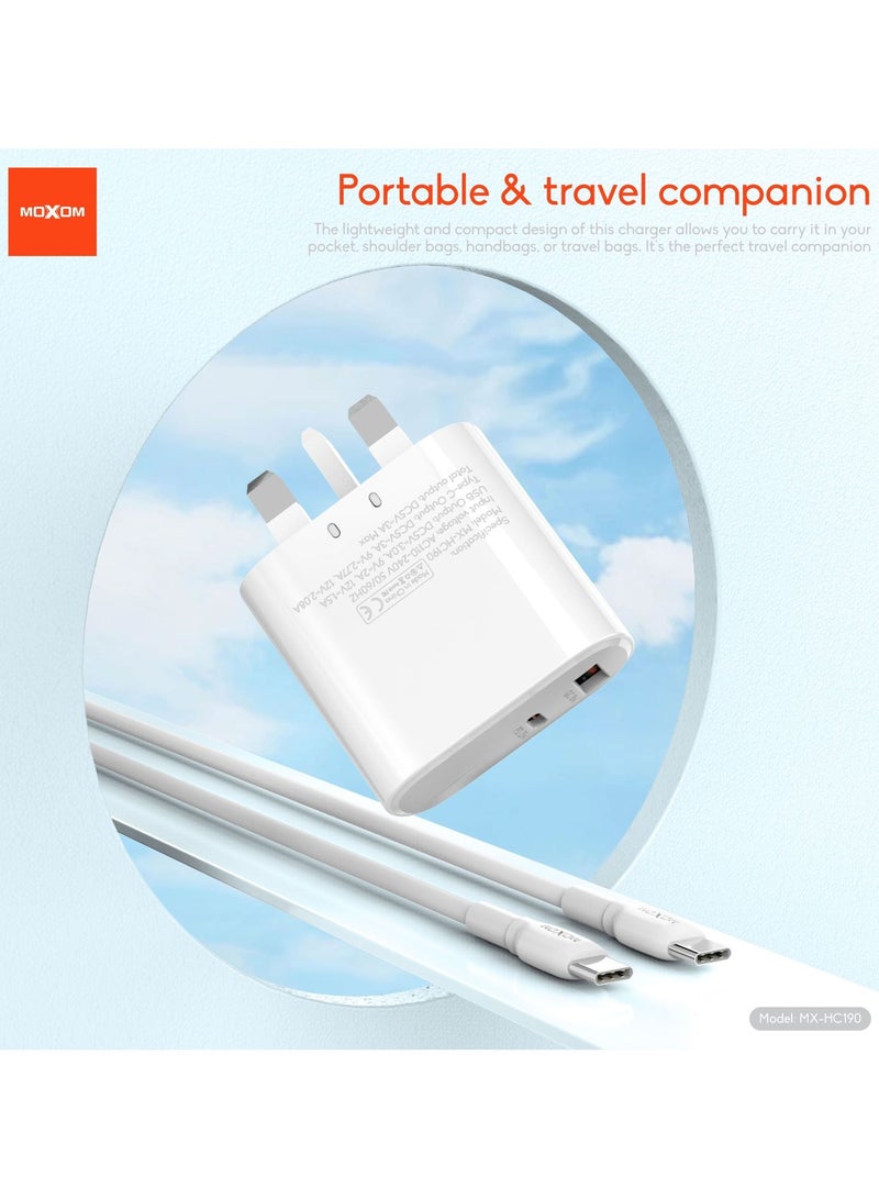 موكسوم شاحن سريع للسفر قابل للسحب MX-HC190 يدعم بروتوكولات متعددة، منفذ مزدوج A+C عالي الطاقة مع ضوء شحن LED 18 وات QC و25 وات PD كابل من النوع C إلى النوع C - Image 4
