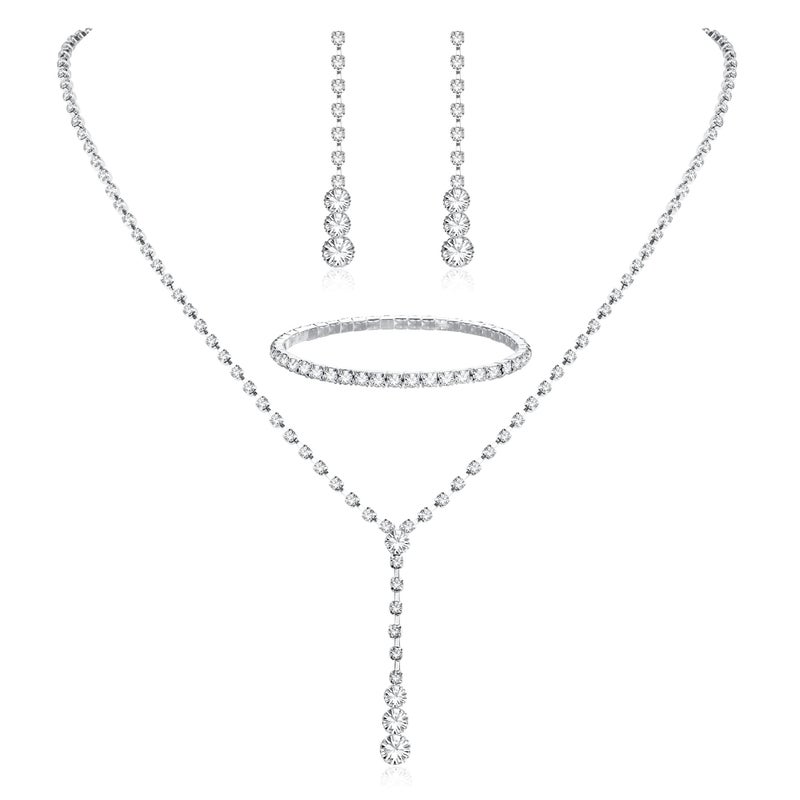 THUNARAZ Sparkled Jewelry Set for Women Silver Rhinestone Necklace Teardrop Dangle Earrings Bracelet for Bride Bridesmaid Crystal Bridal Prom Costume Jewelry Accessories for Wedding Party - Image 1