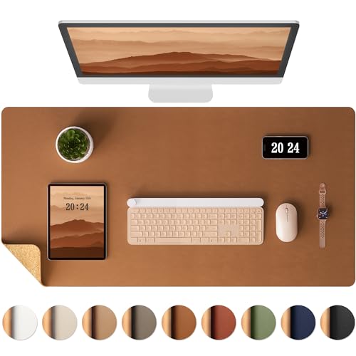 Aothia DoubleSided Desk Pad Leather Desk Mat Eco Cork Desk Pad Protector Large Mouse Pad Waterproof Desk Blotter Protector for OfficeHome 256x137 Brown - Image 1