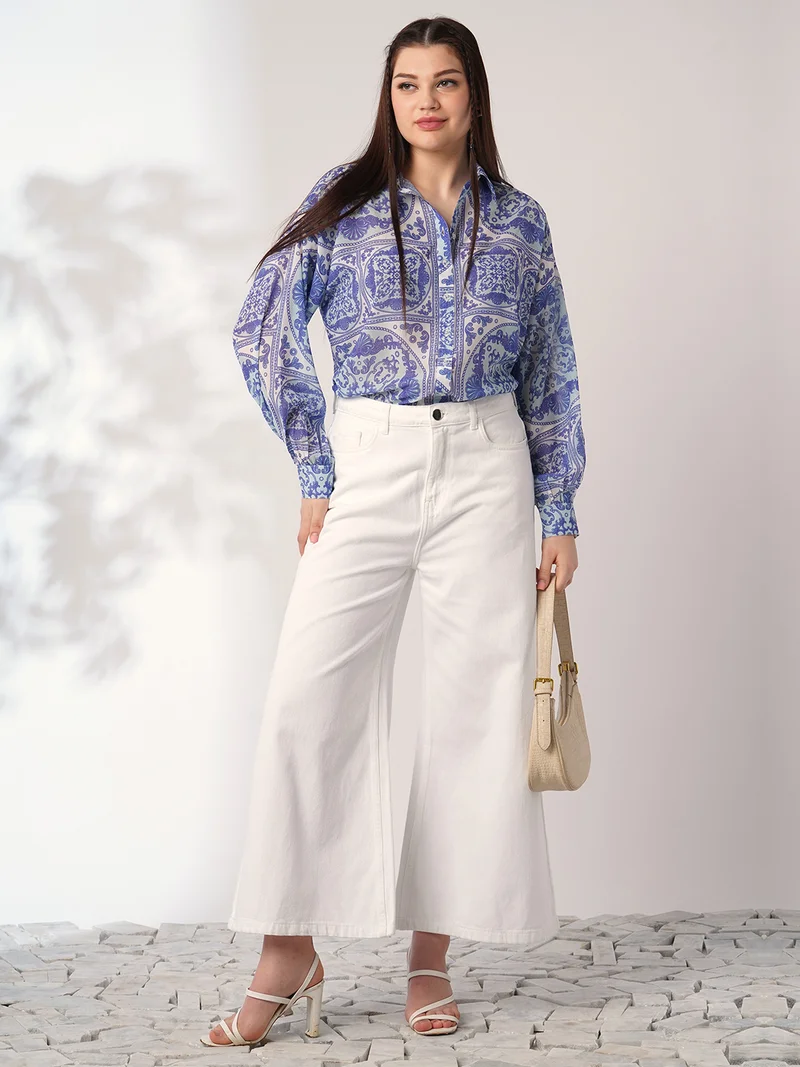globus Women Blue Ethnic Print Spread Collar Cuffed Sleeves Oversized Shirt