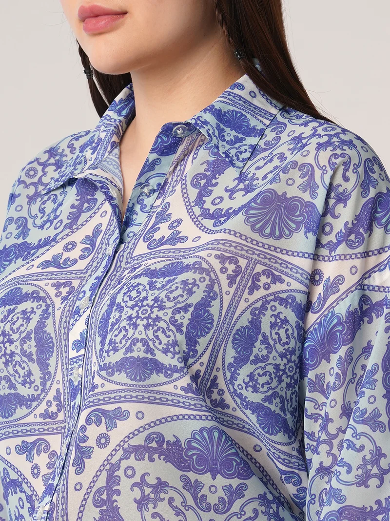 globus Women Blue Ethnic Print Spread Collar Cuffed Sleeves Oversized Shirt