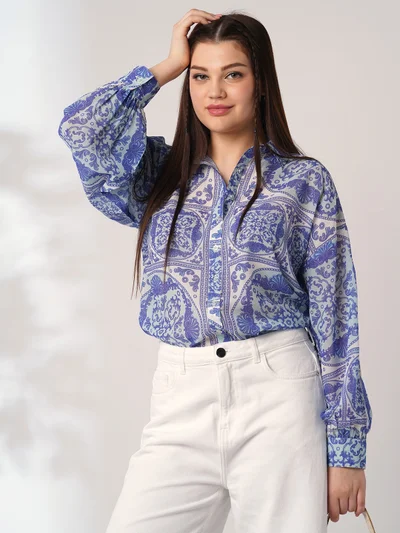 globus Women Blue Ethnic Print Spread Collar Cuffed Sleeves Oversized Shirt
