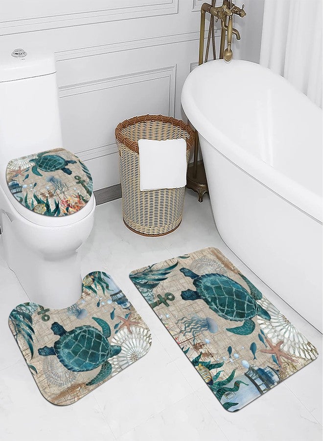Planially 4Pcs Sea Turtle Shower Curtain Sets, Ocean Turtle Bathroom Sets with Shower Curtain and Rugs Durable Waterproof Curtains with 12 Hooks - Image 3