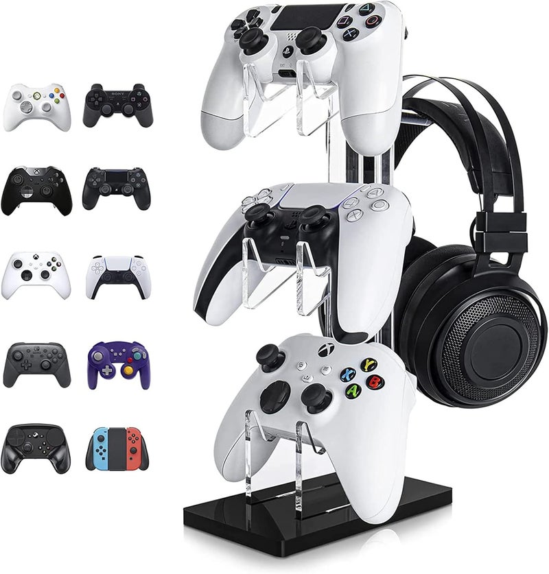 Excefore Universal 3 Tier Controller Holder and Headset Stand for PS4 PS5 Xbox ONE Switch, Controller Stand Gaming Accessories, Build Your Game Fortresses (Black) - Image 1