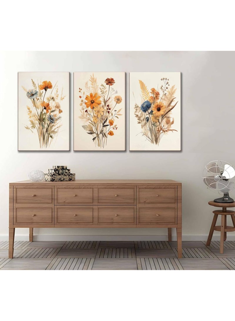 انسجام مجموعة من 3 لوحات فنية جدارية من القماش مشدودة على إطار خشبي، لوحة فنية جدارية من القماش لزهرة برية عتيقة، لوحة زيتية نباتية، لوحة مائية، ديكور حائط، ملصق مطبوع عليه زهور، عمل فني لغرفة النوم وغرفة المعيشة وديكور غرفة البنات - Image 4