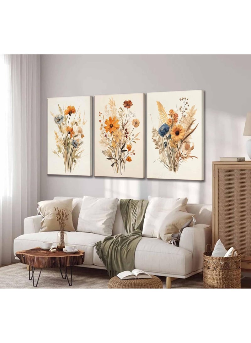انسجام مجموعة من 3 لوحات فنية جدارية من القماش مشدودة على إطار خشبي، لوحة فنية جدارية من القماش لزهرة برية عتيقة، لوحة زيتية نباتية، لوحة مائية، ديكور حائط، ملصق مطبوع عليه زهور، عمل فني لغرفة النوم وغرفة المعيشة وديكور غرفة البنات - Image 5