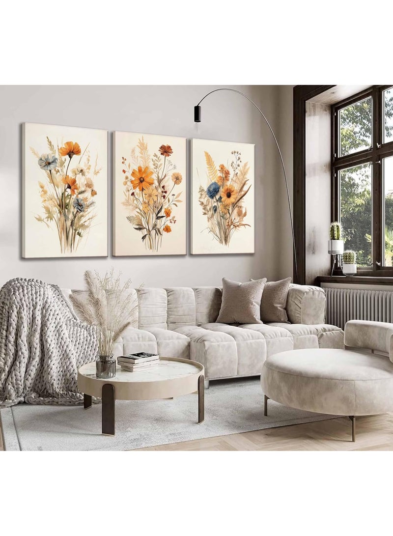 انسجام مجموعة من 3 لوحات فنية جدارية من القماش مشدودة على إطار خشبي، لوحة فنية جدارية من القماش لزهرة برية عتيقة، لوحة زيتية نباتية، لوحة مائية، ديكور حائط، ملصق مطبوع عليه زهور، عمل فني لغرفة النوم وغرفة المعيشة وديكور غرفة البنات - Image 3