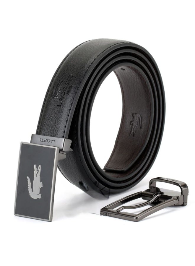 Lacoste Men’s Black Leather Belt – Double Buckle Gray Accent, Premium Designer Reversible Belt in Gift Box