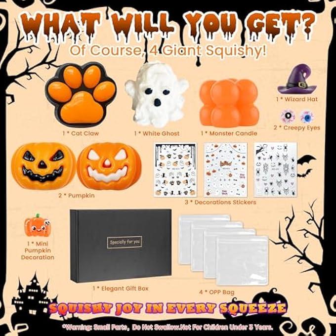 BECHOICEN Halloween Squishies Kit,4PCS Ghost Pumpkin Cat Paw Magic Cube with 3 Halloween Stickers Spooky Stress Relief Squeeze Toys,Non Candy Trick or Treat Bag Fillers,Halloween Party Favors Gifts - Image 2