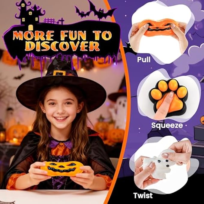 BECHOICEN Halloween Squishies Kit,4PCS Ghost Pumpkin Cat Paw Magic Cube with 3 Halloween Stickers Spooky Stress Relief Squeeze Toys,Non Candy Trick or Treat Bag Fillers,Halloween Party Favors Gifts - Image 3