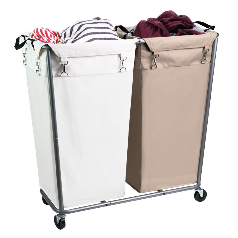 280L Laundry Cart with Wheels Commercial Large Rolling Laundry Sorter Heavy Duty Divided 2 Section Laundry Hamper with Steel Frame and Removable Bag for Laundry Room BedroomHotel Mix Color