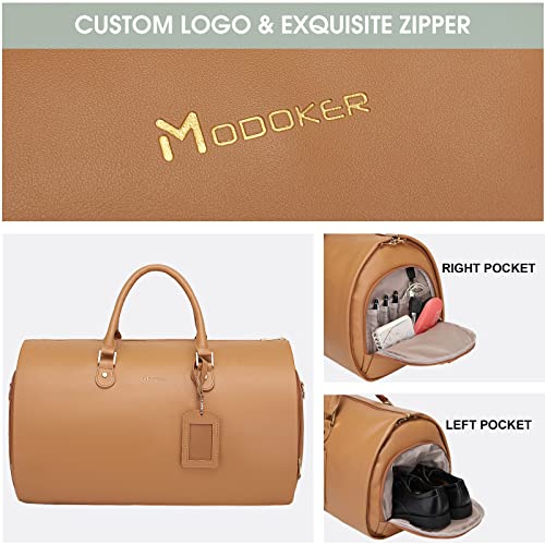 Modoker Women Convertible Leather Garment Bag with Shoulder Strap, PU Leather Garment Duffel Bag Carry on 2 in 1 Hanging Suitcase Suit Travel Bags, Coffee - Image 4