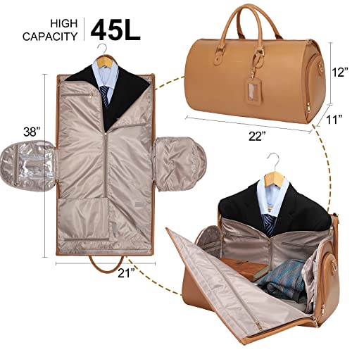 Modoker Women Convertible Leather Garment Bag with Shoulder Strap, PU Leather Garment Duffel Bag Carry on 2 in 1 Hanging Suitcase Suit Travel Bags, Coffee - Image 3