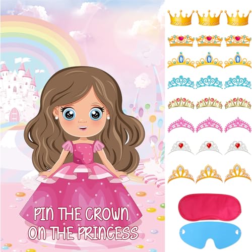 Hxezoc Pin The Crown on The Princess Party Games with 24 Pcs Crowns Large Princess Party Games Poster for Girls Kids Birthday Party Carnival Supplies - Image 1
