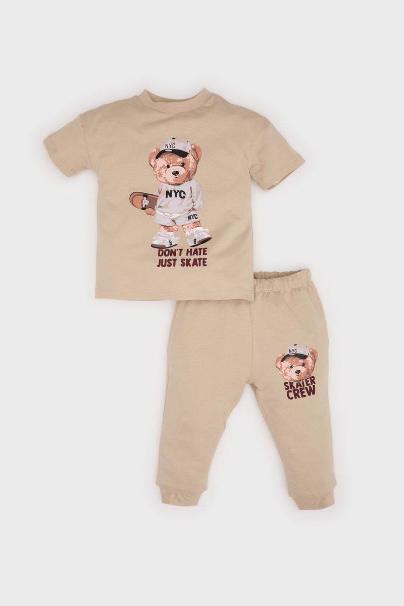 DeFacto Beige Baby Boy Bear Printed T Shirt Sweatpants 2 Piece Set Casual - Image 1