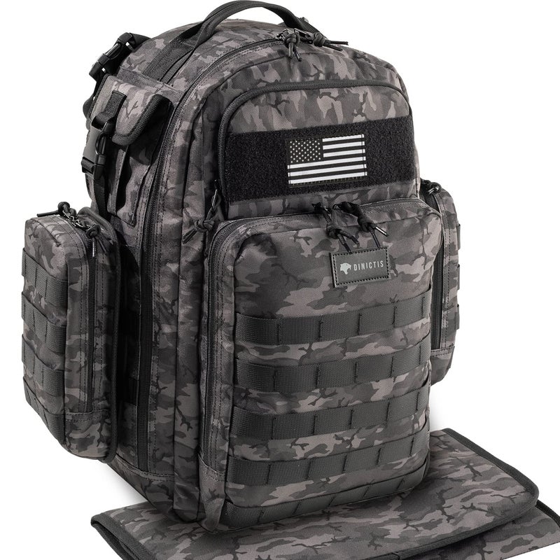 Dinictis Dad Diaper Bag, Mens Diaper Bag Backpack with Diaper Changing Mat, Military Diaper Backpack with Molle Webbing, Waterproof Pouch, Baby Wipes pocket, Insulated Bottle Pockets- Black Camo - Image 1