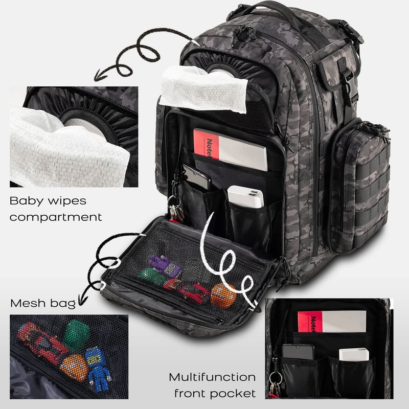 Dinictis Dad Diaper Bag, Mens Diaper Bag Backpack with Diaper Changing Mat, Military Diaper Backpack with Molle Webbing, Waterproof Pouch, Baby Wipes pocket, Insulated Bottle Pockets- Black Camo - Image 3