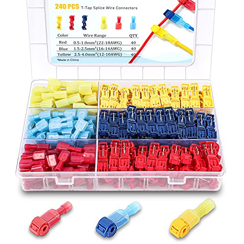 Flytuo 240PCS T-Tap Wire Connectors, AWG 22-10, Self-Stripping Quick Splice Electrical Wire Terminals, Color Coded Insulated Male Quick Disconnect Spade Terminals Assortment Kit for Wiring (3 Colors) - Image 1