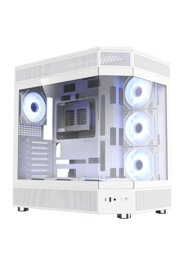 Icecube White Mid Tower PC Gaming Case, Dual Tempered Glass, Supports ATX/Micro-ATX/ITX, 360mm Water Cooling Support, 6×120mm Fan Mounts, 2×SSD + 2×HD, High Airflow Steel Chassis, USB 3.0 Front Panel, Stylish White Design