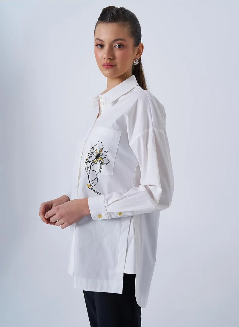 Kayra Floral Print Detail Poplin Blouse in Ecru