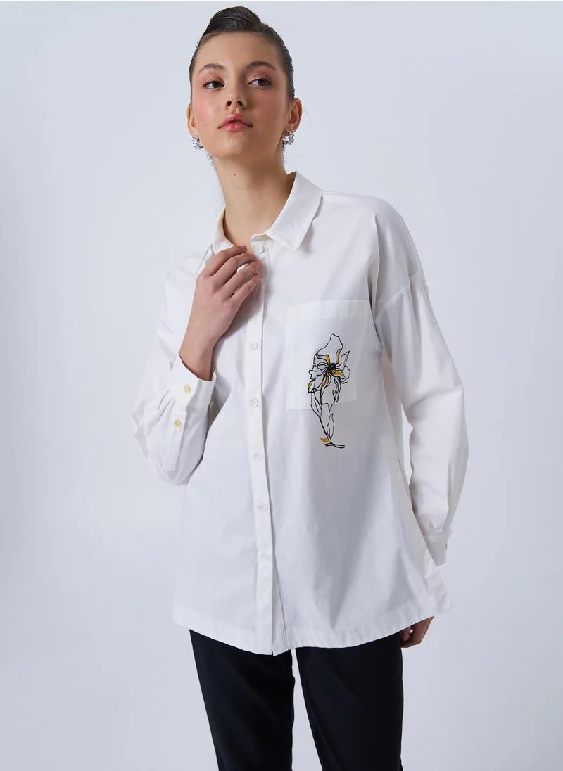 Kayra Floral Print Detail Poplin Blouse in Ecru