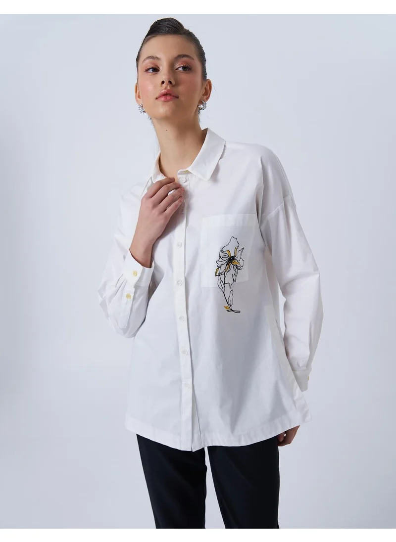 Kayra Floral Print Detail Poplin Blouse in Ecru
