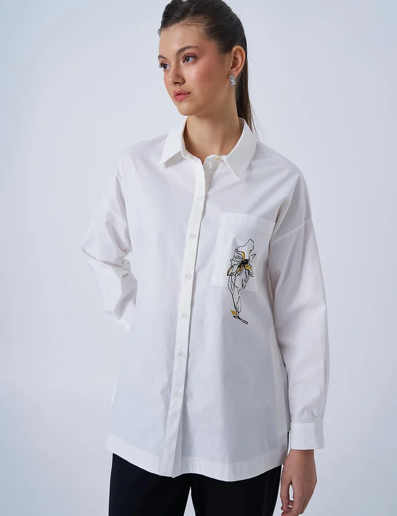 Kayra Floral Print Detail Poplin Blouse in Ecru
