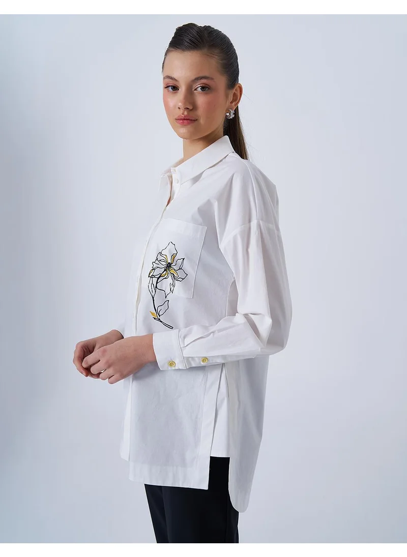 Kayra Floral Print Detail Poplin Blouse in Ecru