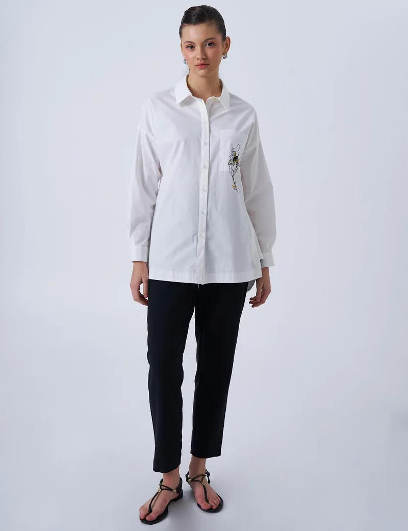 Kayra Floral Print Detail Poplin Blouse in Ecru
