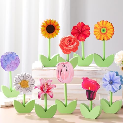 Yousoontic 10 Pack Summer Spring Wooden Flower Table Decor Summer Decorations for Home Wood Tulips Daisies Centerpiece Signs Flower Shelf Sitter Floral Tiered Tray Decor for Crafts Home Office - Image 1