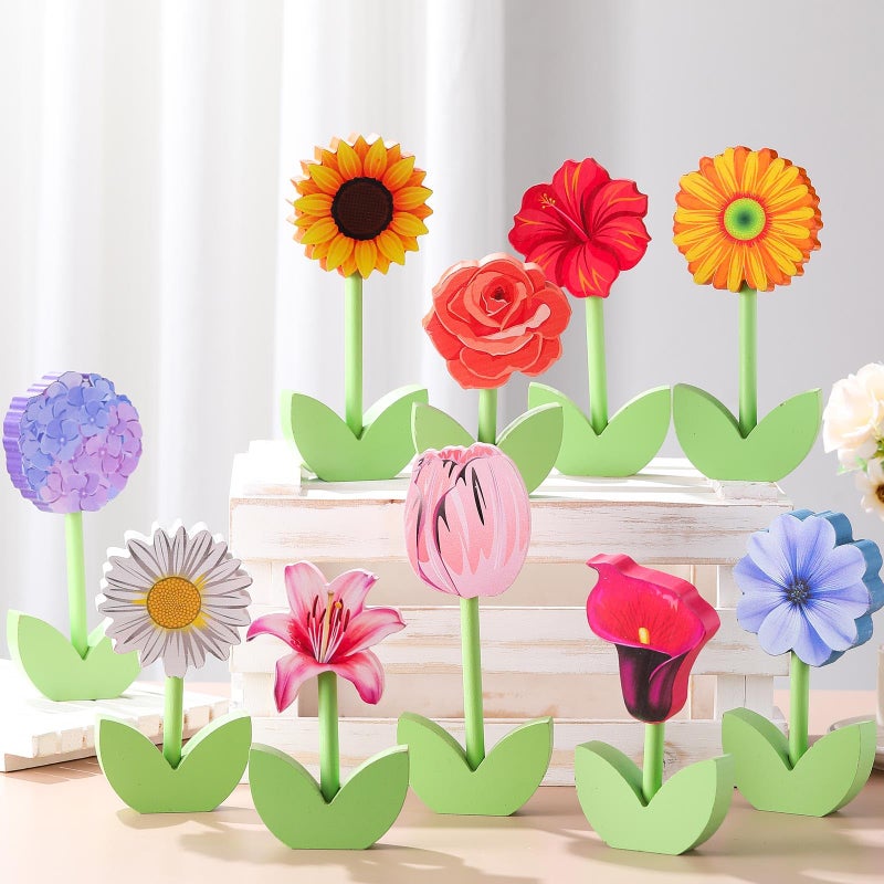 Yousoontic 10 Pack Summer Spring Wooden Flower Table Decor Summer Decorations for Home Wood Tulips Daisies Centerpiece Signs Flower Shelf Sitter Floral Tiered Tray Decor for Crafts Home Office - Image 2