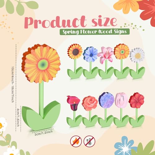 Yousoontic 10 Pack Summer Spring Wooden Flower Table Decor Summer Decorations for Home Wood Tulips Daisies Centerpiece Signs Flower Shelf Sitter Floral Tiered Tray Decor for Crafts Home Office - Image 3