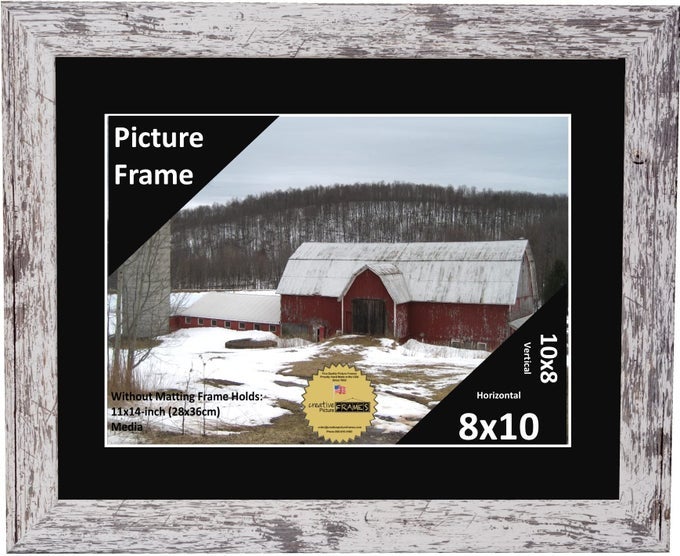 8X10 OPENING BLACK MAT IN OUR 11X14INCH BARN WOOD PICTURE FRAME INCLUDES GLASS EASEL WITH INSTALLED WALL HANGER