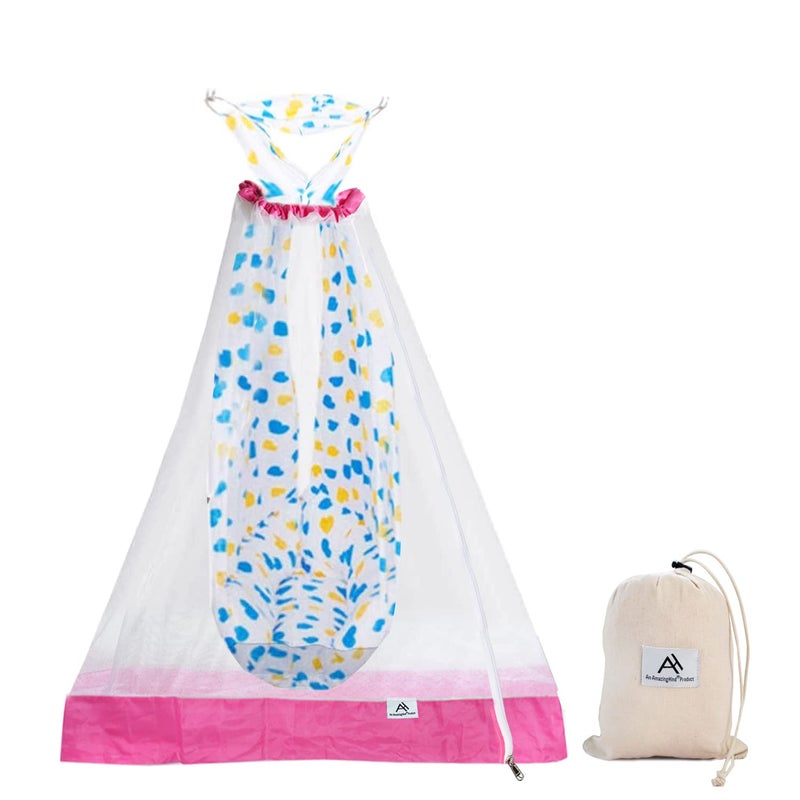 Amazinghind Mosquito Net for Baby Cradle SwingMosquito Net for Baby Jhula with Side Zip Opening 03 yrs Pink White Net Pink Border - Image 1