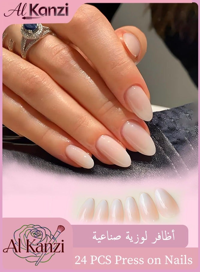 Al Kanzi 24 PCS Press on Nails, Medium Almond Color, Solid Gradient Shiny, Press on Nails, Moderately Natural French Manicure, Artificial Nail Set(Light White) - Image 1