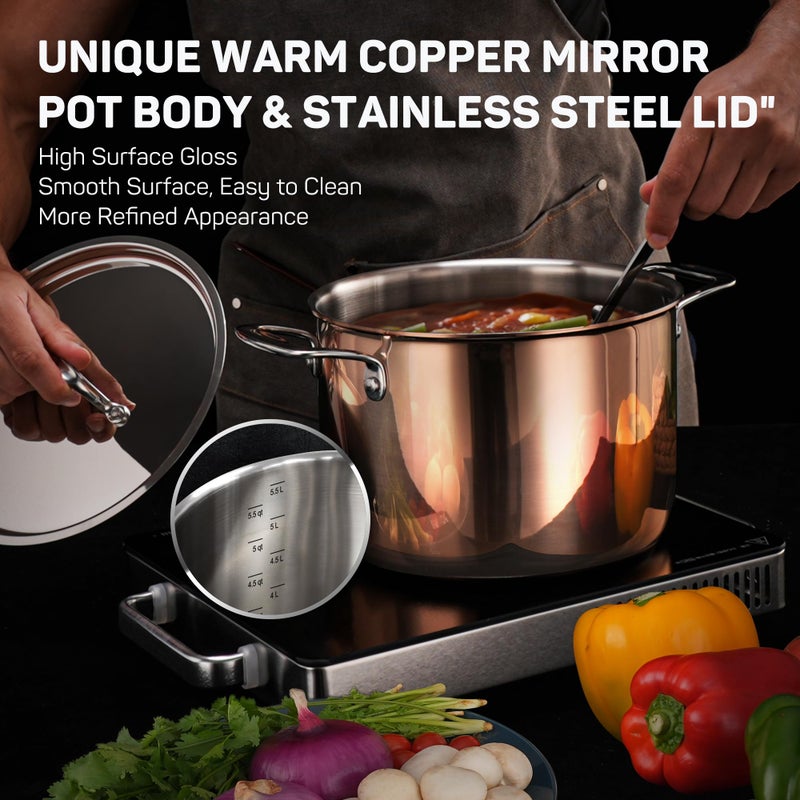 Ciwete Whole Tri-ply 18/10 Stainless Steel Cookware Set, 10 Pcs Elegant Copper Pots and Pans Set, Induction Cookware, Frying Pans, Saucepans & Stock Pot with Lid, Ideal Gift for Wedding, Housewarming - Image 5