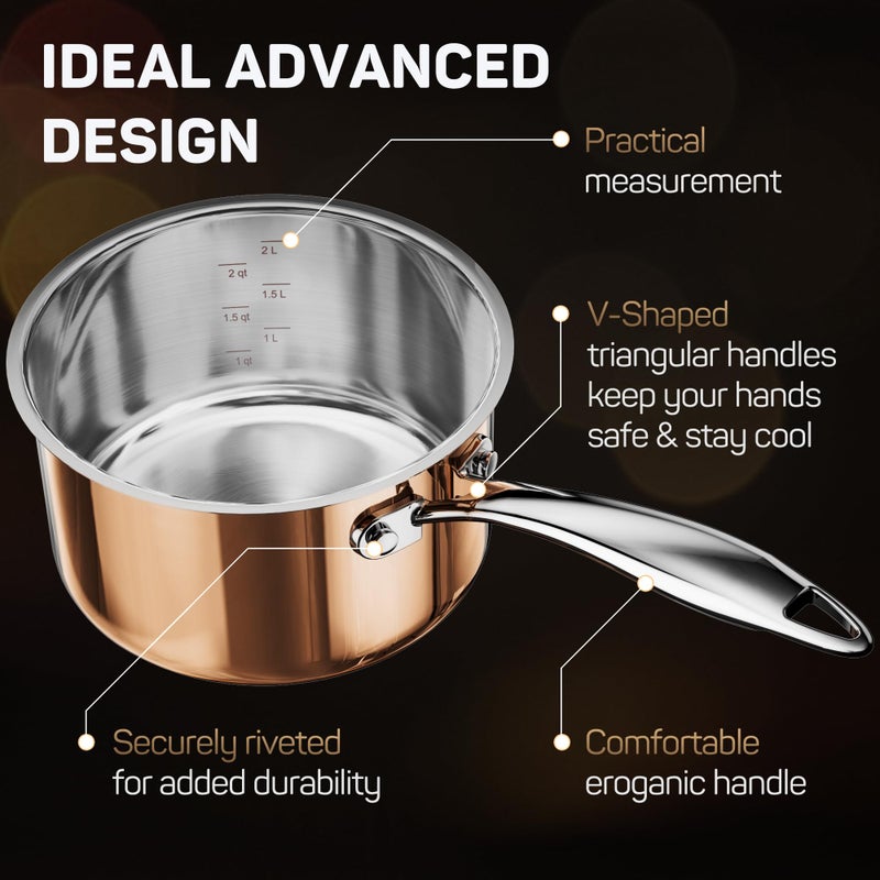 Ciwete Whole Tri-ply 18/10 Stainless Steel Cookware Set, 10 Pcs Elegant Copper Pots and Pans Set, Induction Cookware, Frying Pans, Saucepans & Stock Pot with Lid, Ideal Gift for Wedding, Housewarming - Image 4