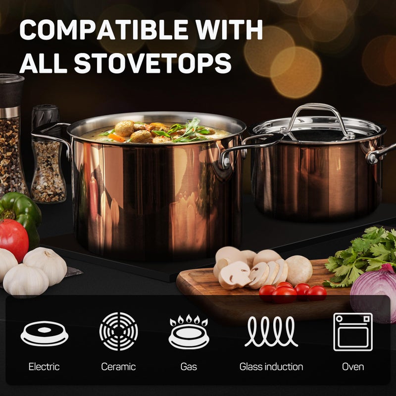 Ciwete Whole Tri-ply 18/10 Stainless Steel Cookware Set, 10 Pcs Elegant Copper Pots and Pans Set, Induction Cookware, Frying Pans, Saucepans & Stock Pot with Lid, Ideal Gift for Wedding, Housewarming - Image 3