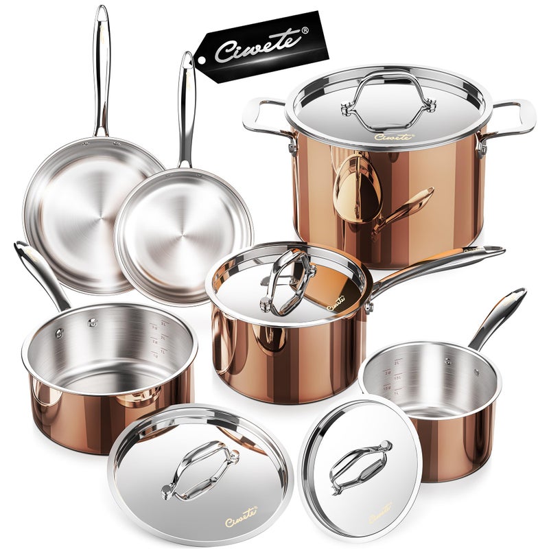Ciwete Whole Tri-ply 18/10 Stainless Steel Cookware Set, 10 Pcs Elegant Copper Pots and Pans Set, Induction Cookware, Frying Pans, Saucepans & Stock Pot with Lid, Ideal Gift for Wedding, Housewarming - Image 1