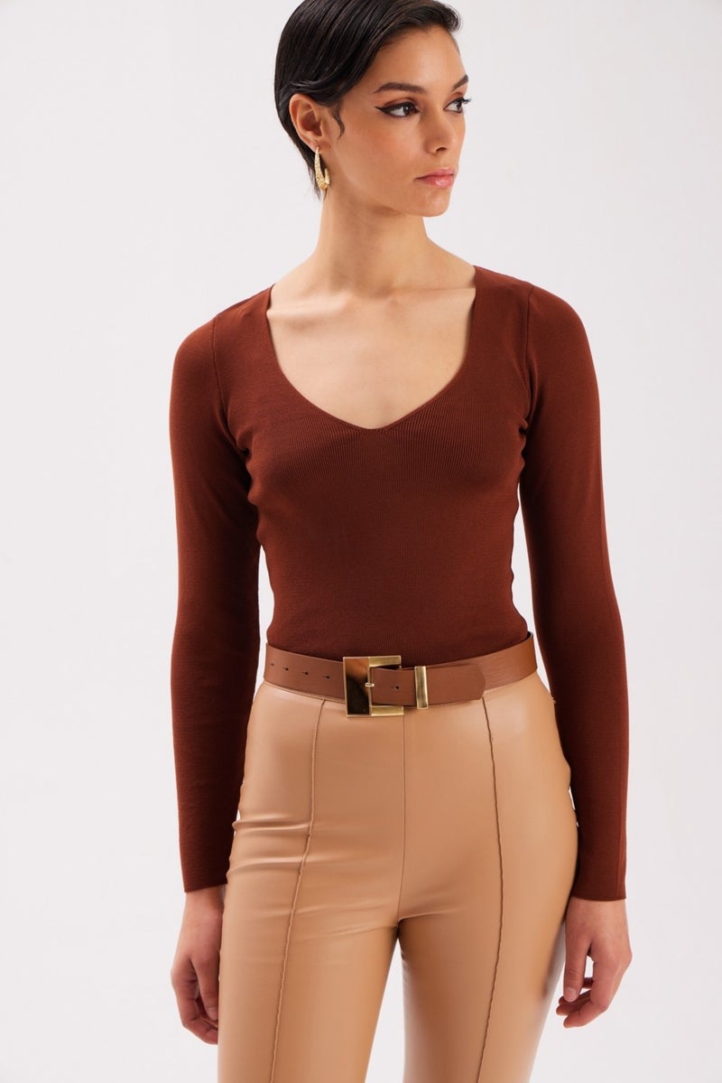 SATEEN V Neck Knitwear Crop - Brown  - Image 1
