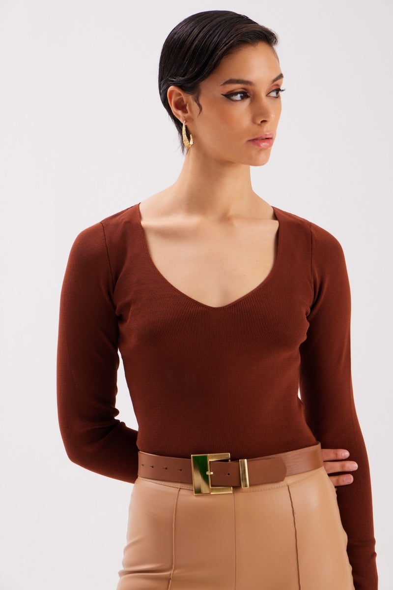 SATEEN V Neck Knitwear Crop - Brown  - Image 2
