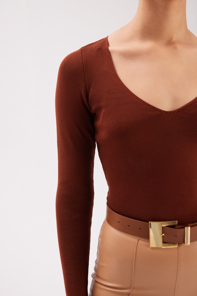 SATEEN V Neck Knitwear Crop - Brown  - Image 3