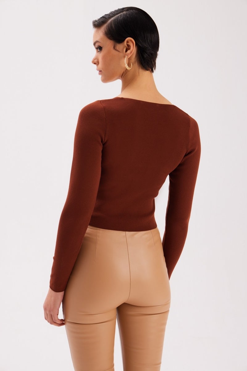 SATEEN V Neck Knitwear Crop - Brown  - Image 4