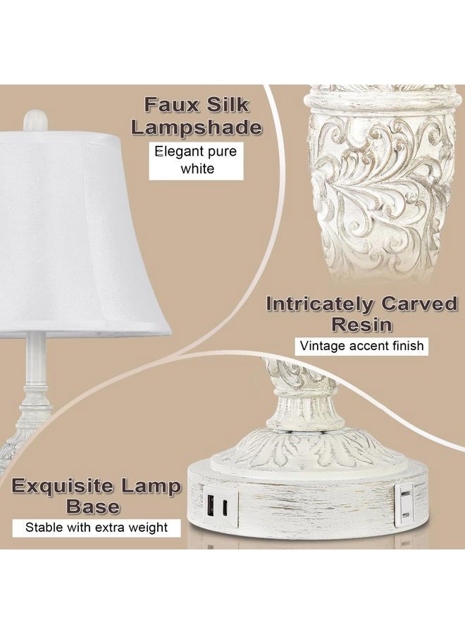 Sheetea 2-Pack 26.8'' Vintage Table Lamps with Dual USB Charging Ports & AC Outlet, Traditional White Bedside Lamps Set of 2 with Carved Resin Base and Faux Silk Shade for Bedroom, Living Room, Office - Image 3